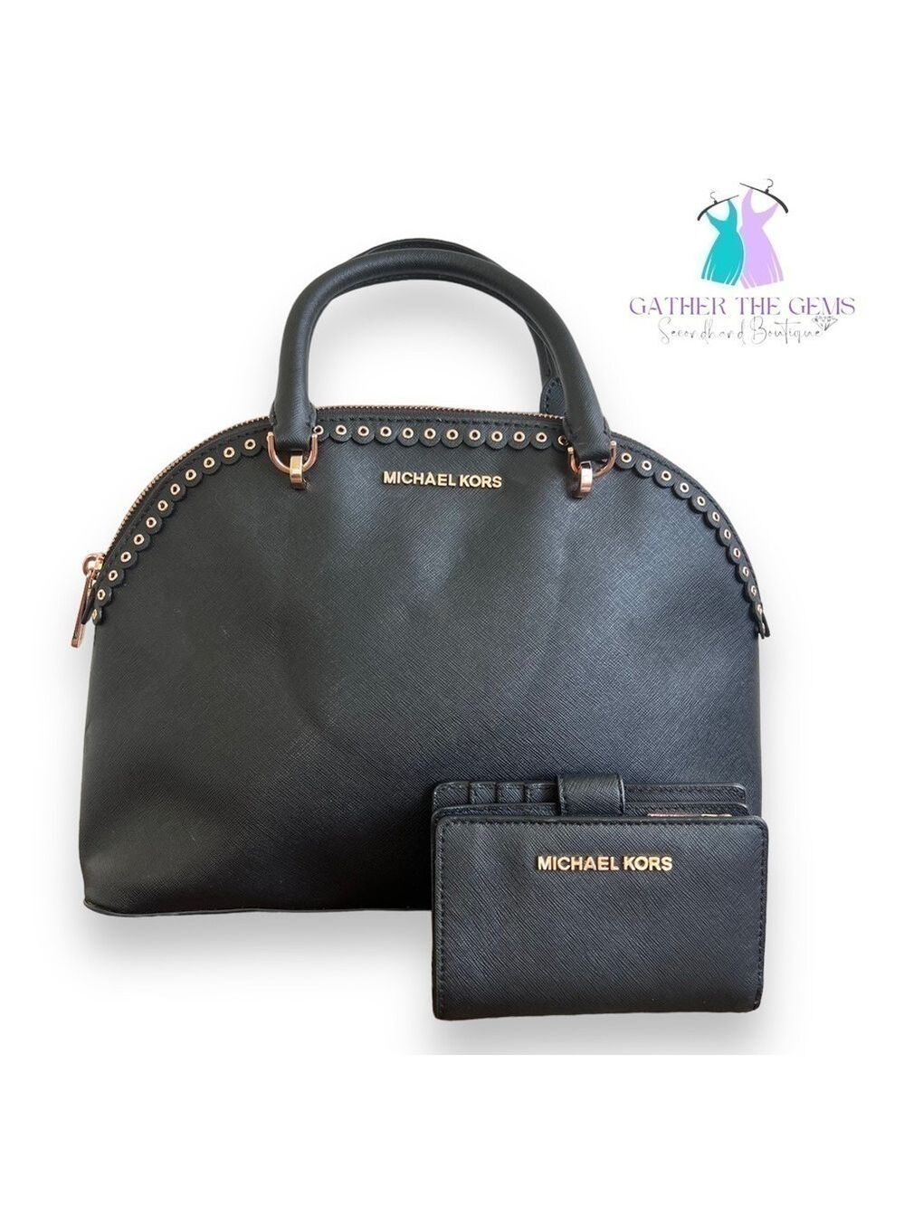 MICHAEL Kors Emmy Dome Satchel Handbag with Medium Crossgrain Leather Wallet